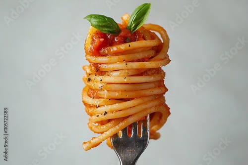 A fork is employed to eat spaghetti with tomato sauce and basil in a close-up view.