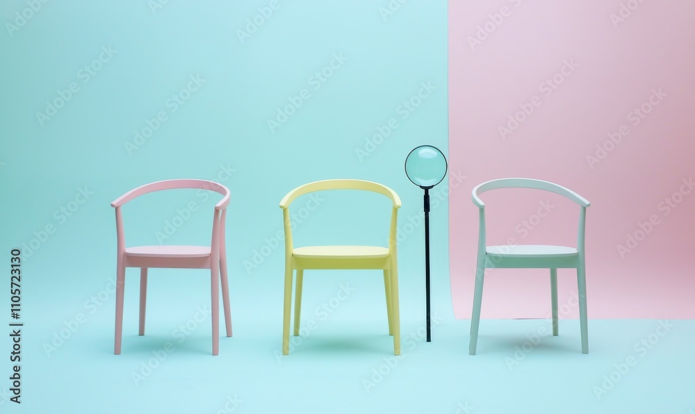 A 3D rendering depicts a new job opportunity being pursued, with an office chair featuring a magnifier in the foreground, symbolizing recruitment.