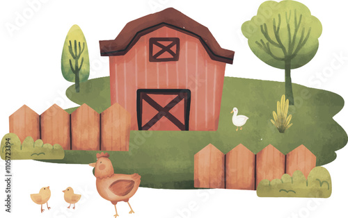 watercolor set of a variety farm animals, Cute Farm Animals Illustration with Barn and flowers, Watercolor Illustration set of farm, barn,  and nature elements, Design elements for wall art or nursery