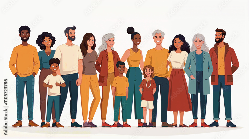 Obraz premium People of different cultures and races on a white background. Men and women young and old, along with children and people with disabilities, join together in joy. Illustration