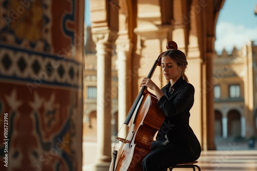 A focused woman plays the cello in a sunlit colonnade, capturing the harmony of music and architecture, and invoking passion and cultural richness.