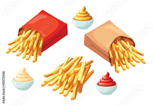 Paper box with tasty french fries on white background. Vector illustration