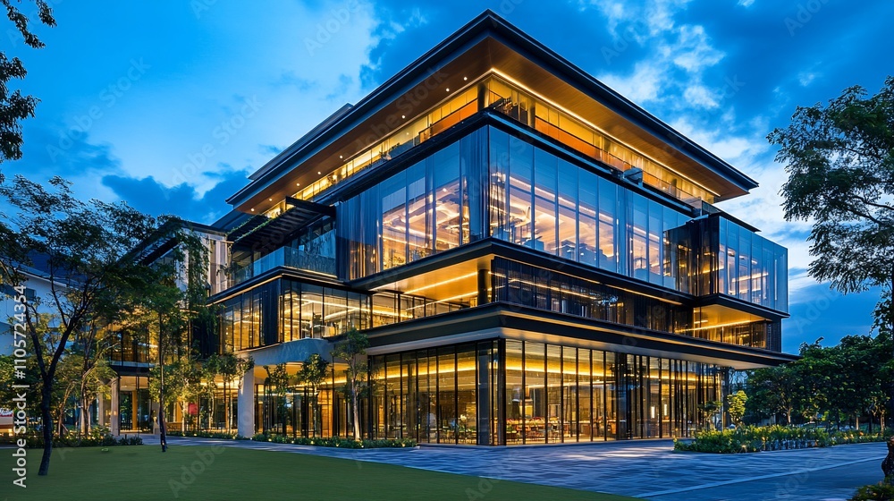 Modern glass office building at twilight.