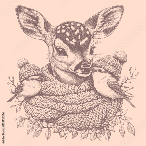 A charming engraving-style illustration of a deer wrapped in a cozy scarf with birds in winter hats, vector illustration.