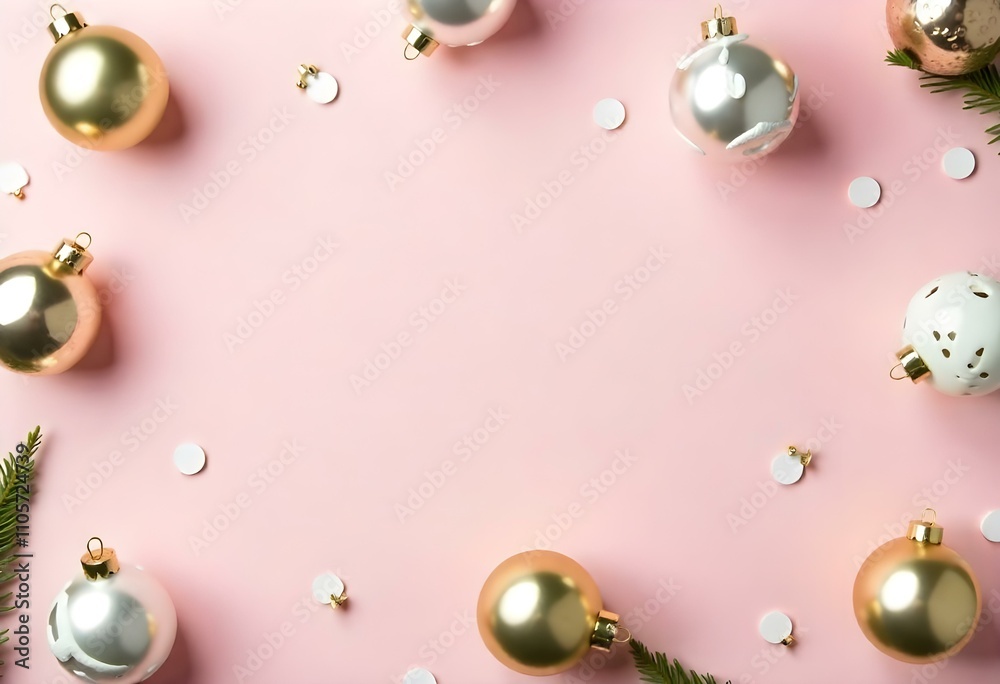 Assorted Christmas ornaments on a pink background with white and gold polka dots Assorted Christmas ornaments on a pink background with white and gold polka dots