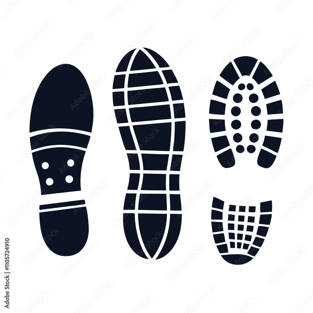 Three shoe prints are shown on a white background. The leftmost print is the largest and has a black sole Three shoe prints are shown on a white background. The leftmost print is the largest and has a black sole