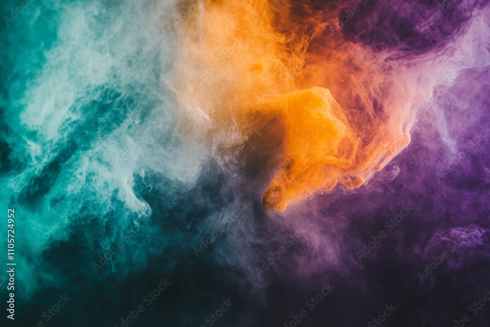 Vivid hues of purple, orange, and teal swirl in a dynamic, abstract smoke art composition. The artwork creates a sense of creativity and imagination.