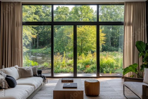 A cozy and inviting living room with large glass windows providing a serene view of a lush garden, blending indoor comfort with outdoor beauty, creating tranquility. photo