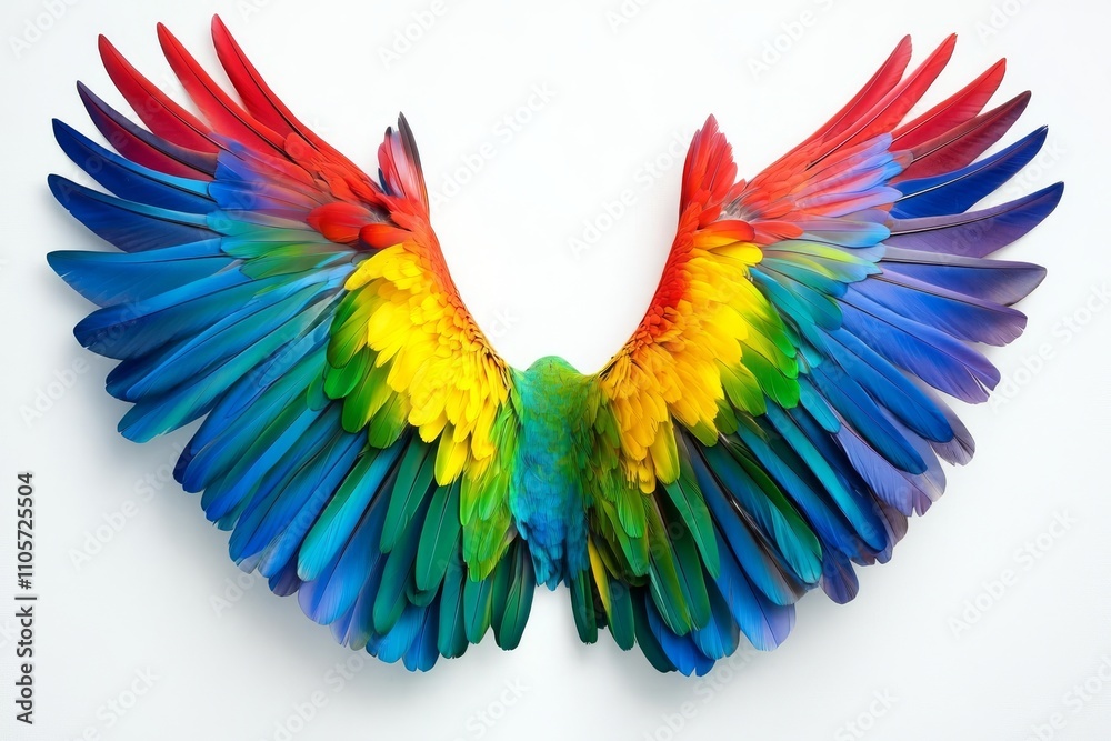 Obraz premium On a plain white surface, colorful parrot wings in abstract form a rainbow.