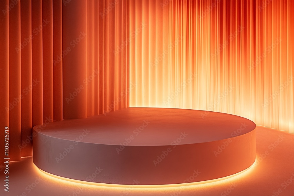 A modern podium bathed in vibrant orange lighting sits before dramatic curtains, creating a striking contrast and a sense of warmth and boldness. A modern podium bathed in vibrant orange lighting sits before dramatic curtains, creating a striking contrast and a sense of warmth and boldness.