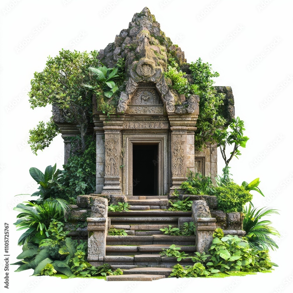 Overgrown stone structure, steps, lush vegetation. Overgrown stone structure, steps, lush vegetation.