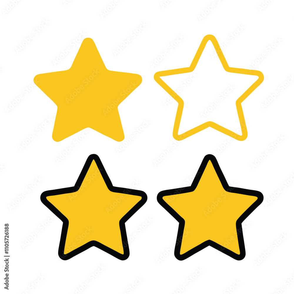 Four stars with different colors. One is yellow and black, one is white and black, one is yellow and white, and one is black and white Four stars with different colors. One is yellow and black, one is white and black, one is yellow and white, and one is black and white