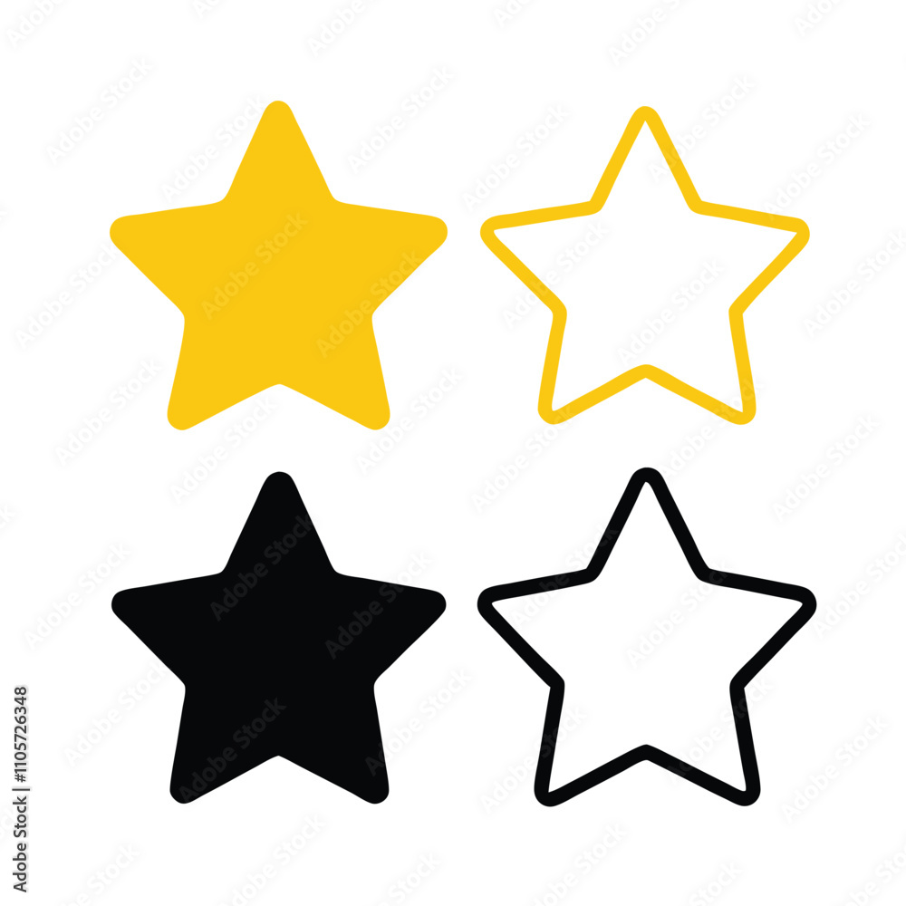 Four stars with different colors. One is yellow and black, one is white and black, one is yellow and white, and one is black and white Four stars with different colors. One is yellow and black, one is white and black, one is yellow and white, and one is black and white