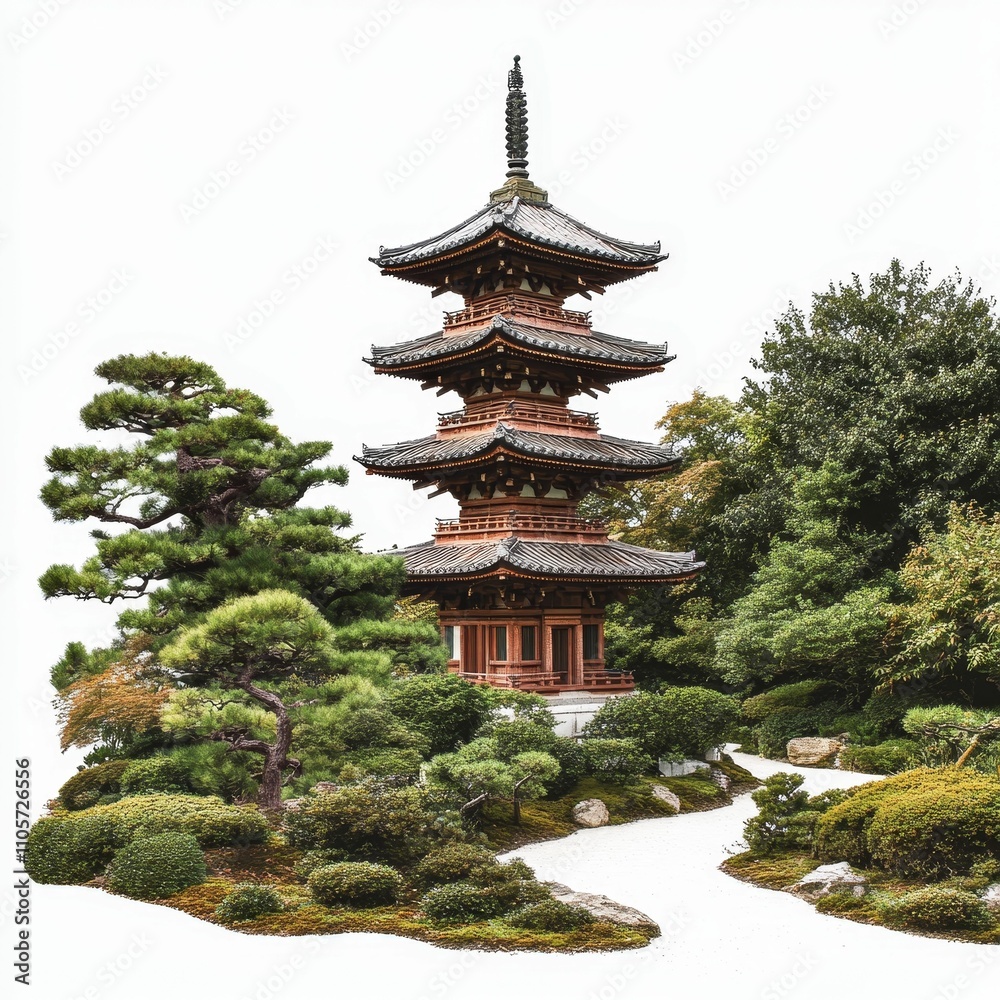Wooden pagoda, serene garden, landscaped path. Wooden pagoda, serene garden, landscaped path.