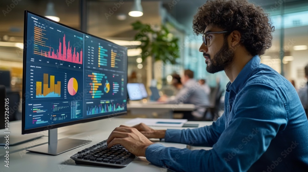 Data analysis team analyzing graphs and charts at a modern office during the day. Data analysis team analyzing graphs and charts at a modern office during the day.