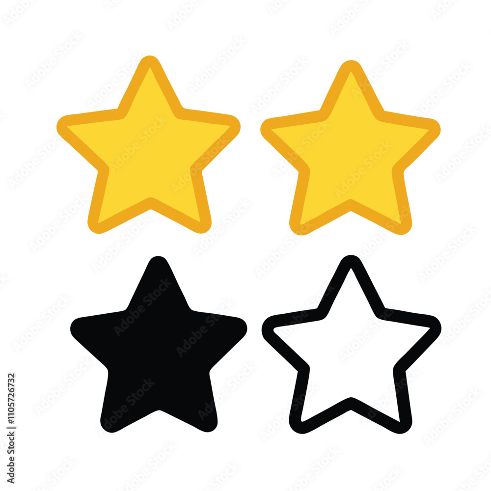 Four stars with different colors. One is yellow and black, one is white and black, one is yellow and white, and one is black and white Four stars with different colors. One is yellow and black, one is white and black, one is yellow and white, and one is black and white