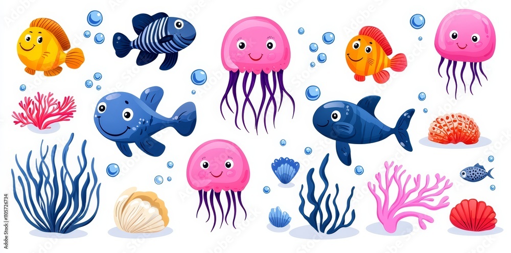 A set of modern illustrations depicting charming coral and jellyfish under the sea, isolated on a white background. Ocean floor life featuring fish and seaweed icons. Aquatic creatures and shell reef A set of modern illustrations depicting charming coral and jellyfish under the sea, isolated on a white background. Ocean floor life featuring fish and seaweed icons. Aquatic creatures and shell reef