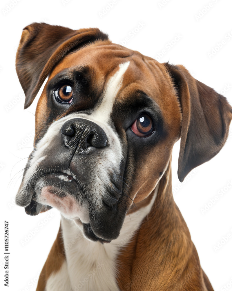 Boxer dog portrait looking at camera isolated on white background. Boxer dog headshot on white background Boxer dog portrait looking at camera isolated on white background. Boxer dog headshot on white background