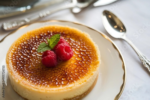 Delicious Crème Brûlée Dessert with Fresh Raspberries and Mint on Elegant Plate - Perfect for Gourmet Food Photography and Culinary Stock Images