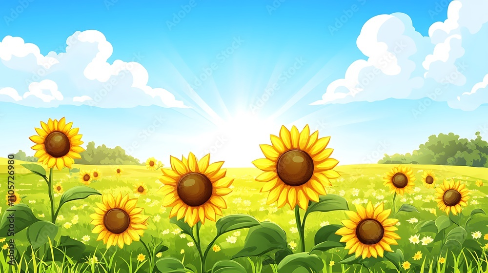 Fototapeta premium Sunflowers in full bloom in a wide open field under a bright summer sky