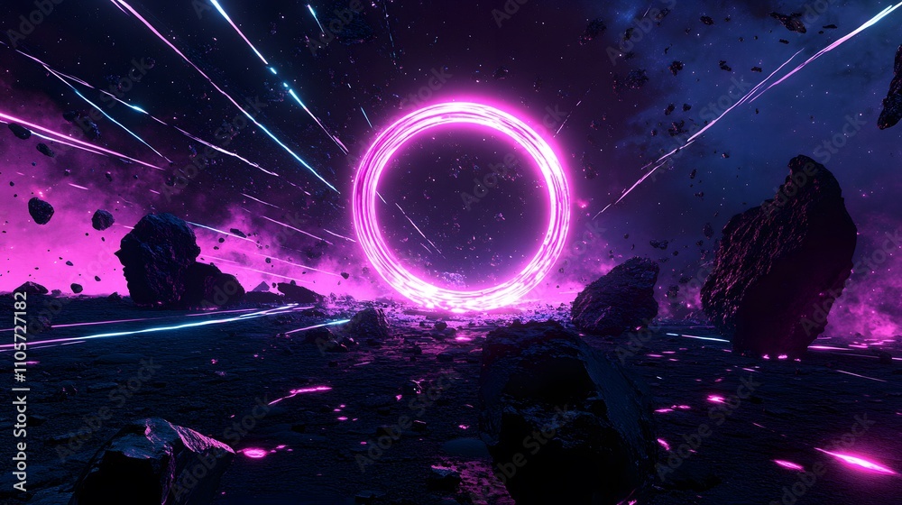 Obraz premium Glowing Ring Portal in a Dark Asteroid Field