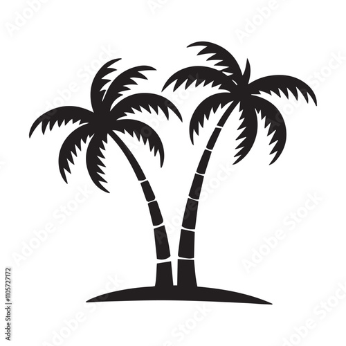 silhouette of two palm trees, simple design, minimalistic art, black and white, tropical theme, clean lines, isolated on white background
