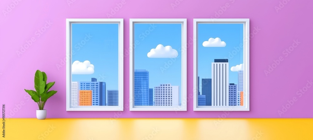 Fototapeta premium An illustration of an empty interior featuring large windows, representing a contemporary office, apartment, or store, with a cityscape, green lawn, and bright sky visible through the windows.