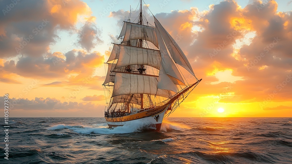 Obraz premium Ship Sailing Toward Horizon at Glowing Sunrise Symbolizing New Ventures and Beginnings