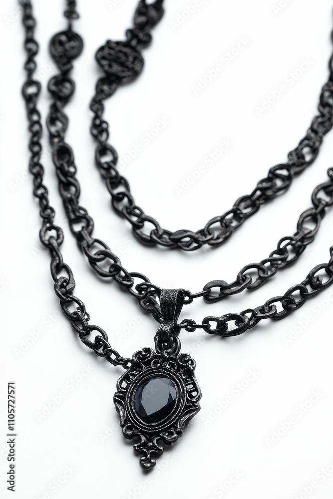 Black necklace, three chains, ornate pendant, dark gemstone. Black necklace, three chains, ornate pendant, dark gemstone.