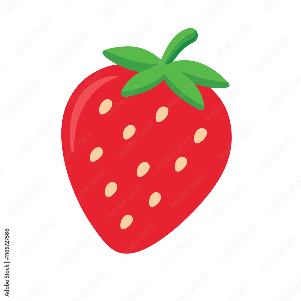 Obraz premium A red strawberry with green leaves and white dots. The strawberry is the main focus of the image