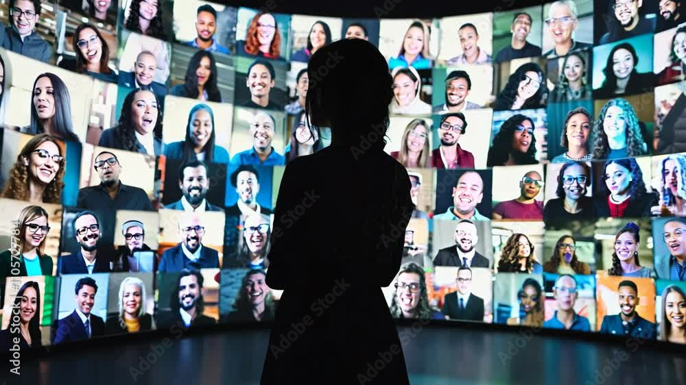 Woman Silhouette Looking at Diverse, Smiling Faces on Large Screen Display: Social Media, Global Connection, and Virtual Communication Concept