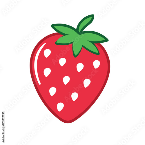 A red strawberry with green leaves and white dots. The strawberry is the main focus of the image