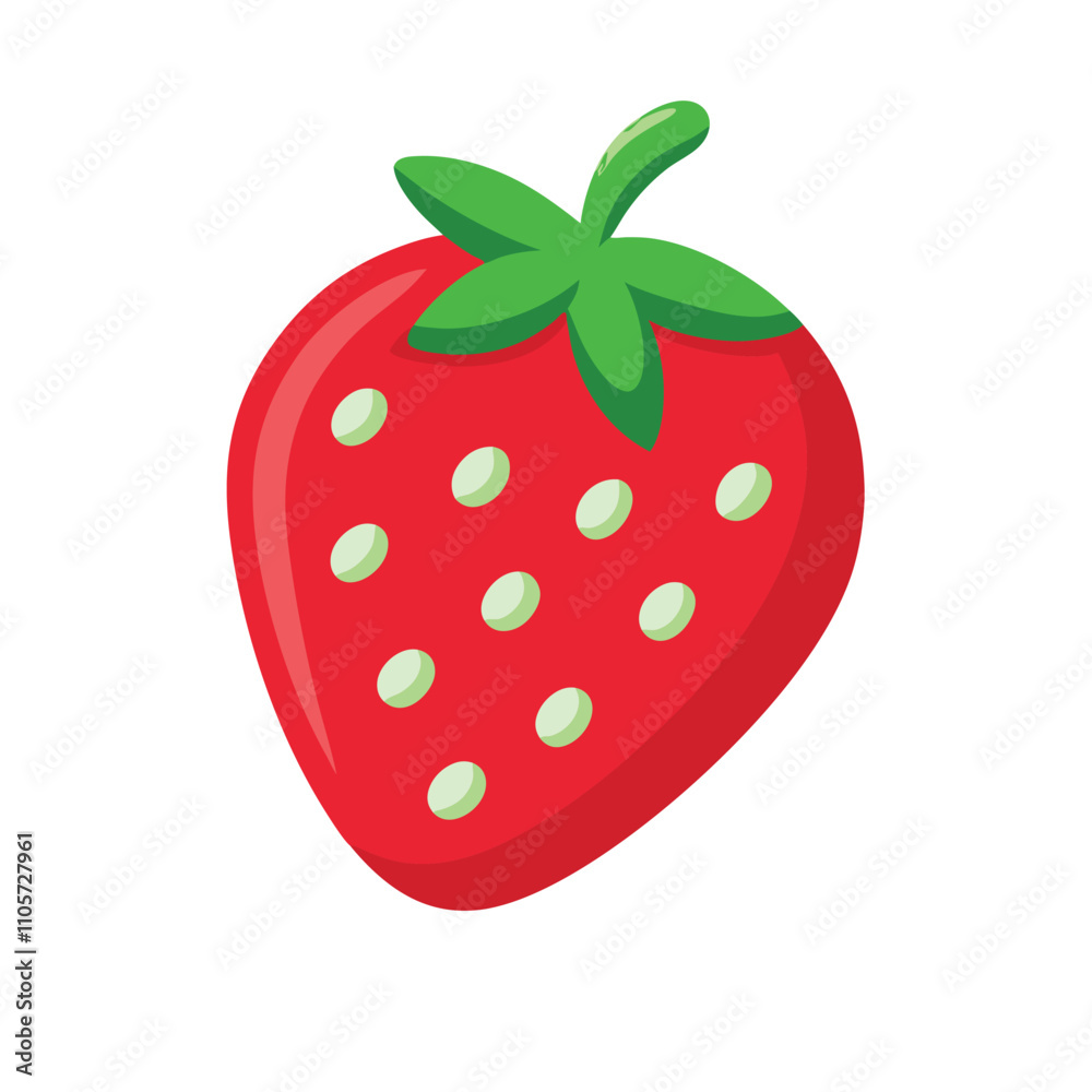 Obraz premium A red strawberry with green leaves and white dots. The strawberry is the main focus of the image