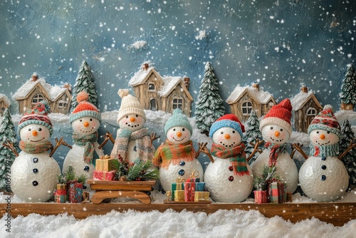 Snowy winter scene with smiling snowmen and women in colorful scarves and hats, holding Christmas decorations on wooden sleds. photo