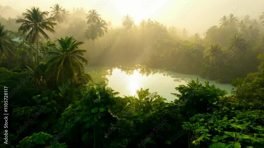 Aerial view of a tranquil lake in a tropical jungle at sunrise. Aerial view of a tranquil lake in a tropical jungle at sunrise.