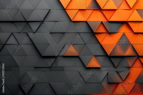 An abstract geometric pattern featuring a three-dimensional triangular design in shades of black and vibrant orange with a modern style