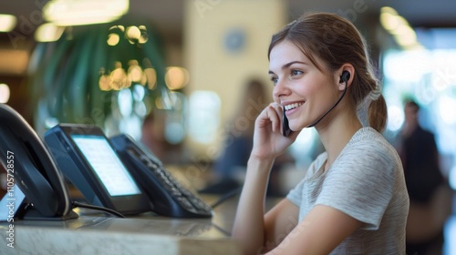 A friendly hotel receptionist answering a phone call while assisting guests at the front desk