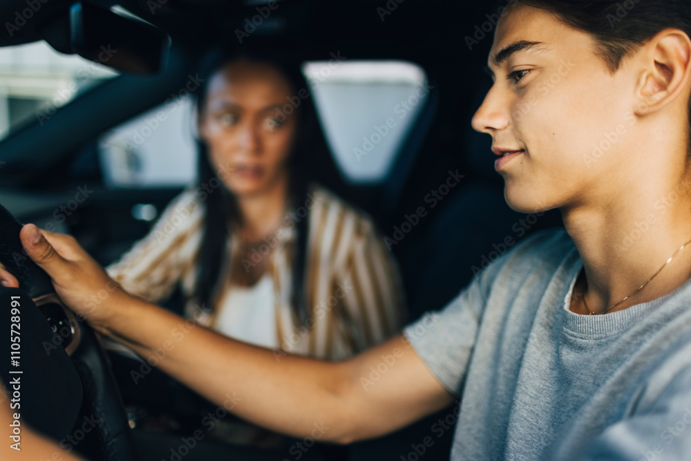 Side view of young man driving car with mother Side view of young man driving car with mother