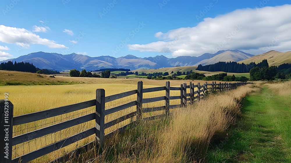 A rustic wooden fence running along a grassy pasture with distant mountains in view A rustic wooden fence running along a grassy pasture with distant mountains in view