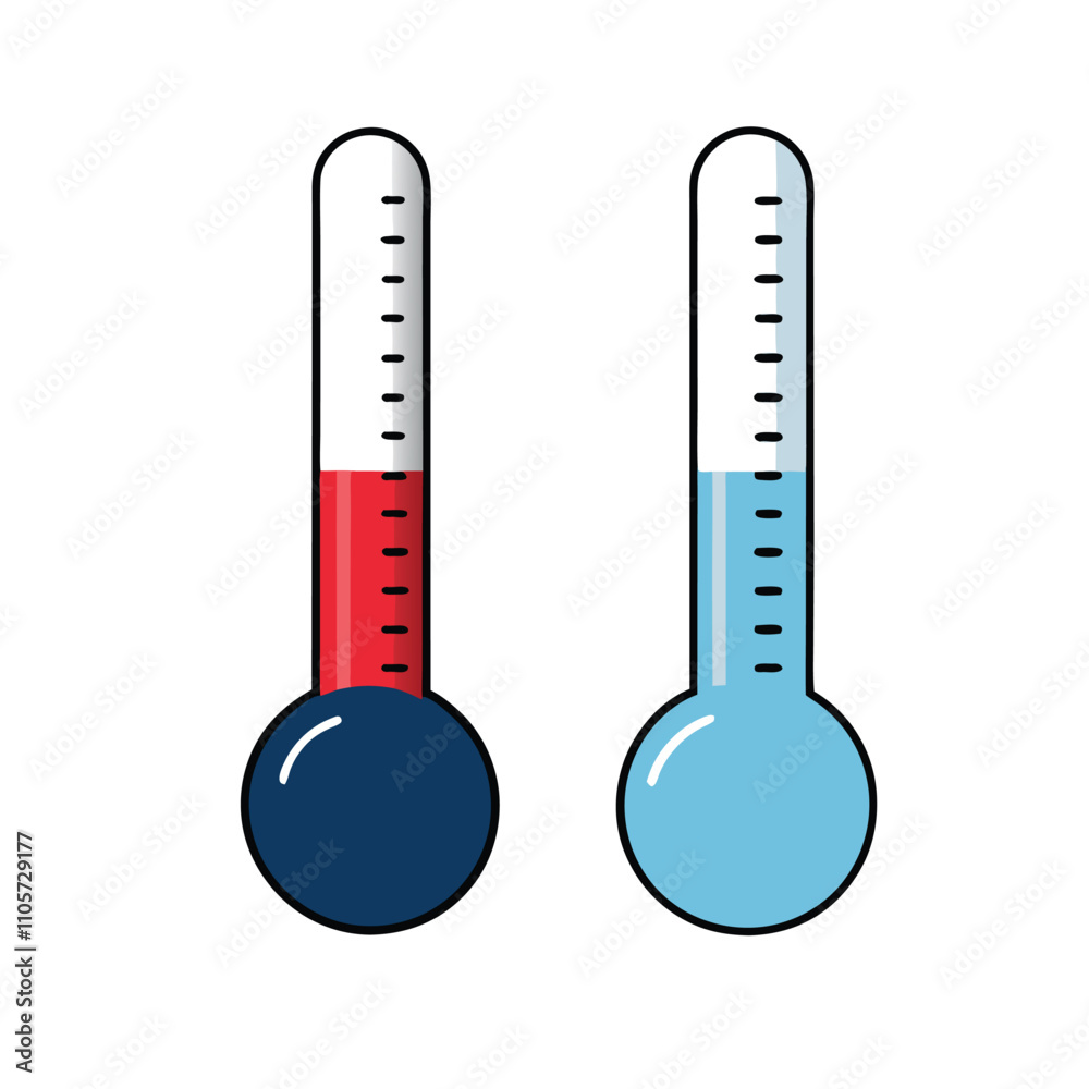 Two thermometers with red and blue liquid in them. One is red and the other is blue Two thermometers with red and blue liquid in them. One is red and the other is blue