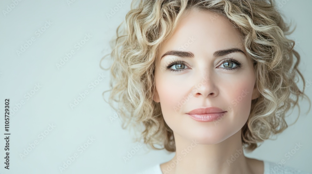 Beautiful mature woman with light makeup and soft curls, her bright eyes shining against a clean white backdrop Beautiful mature woman with light makeup and soft curls, her bright eyes shining against a clean white backdrop