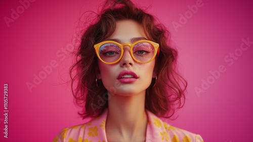 Vibrant fashion portrait of a stylish woman in colorful glasses against pink background