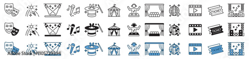Event entertainment icon set. Containing theatre mask, live media movie event, theater, fireworks, stage, concert music, disco ball, karaoke, singing and more, Vector illustration