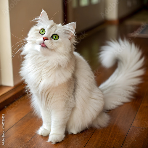 Fluffy white cat with green eyes showing curiosity indoors with warm lighting photo