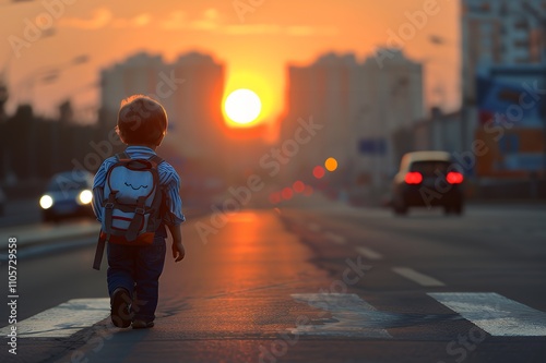 A child walks towards a sunset on a city street, evoking a sense of adventure and innocence.