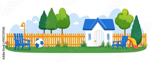 A contemporary cartoon depiction of a backyard featuring a swing, wooden armchair, cocktail glass on a barbecue table, lawn mower, trees, flower pots, a dog house, a toy ball, and a fence, all set photo