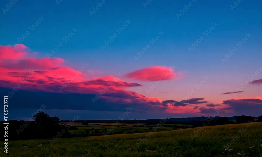 Capture a time-lapse video of clouds moving swiftly across a vast, open sky over a sprawling green field, with the occasional tree and wildflower adding color to the landscape as the light changes fro Capture a time-lapse video of clouds moving swiftly across a vast, open sky over a sprawling green field, with the occasional tree and wildflower adding color to the landscape as the light changes fro