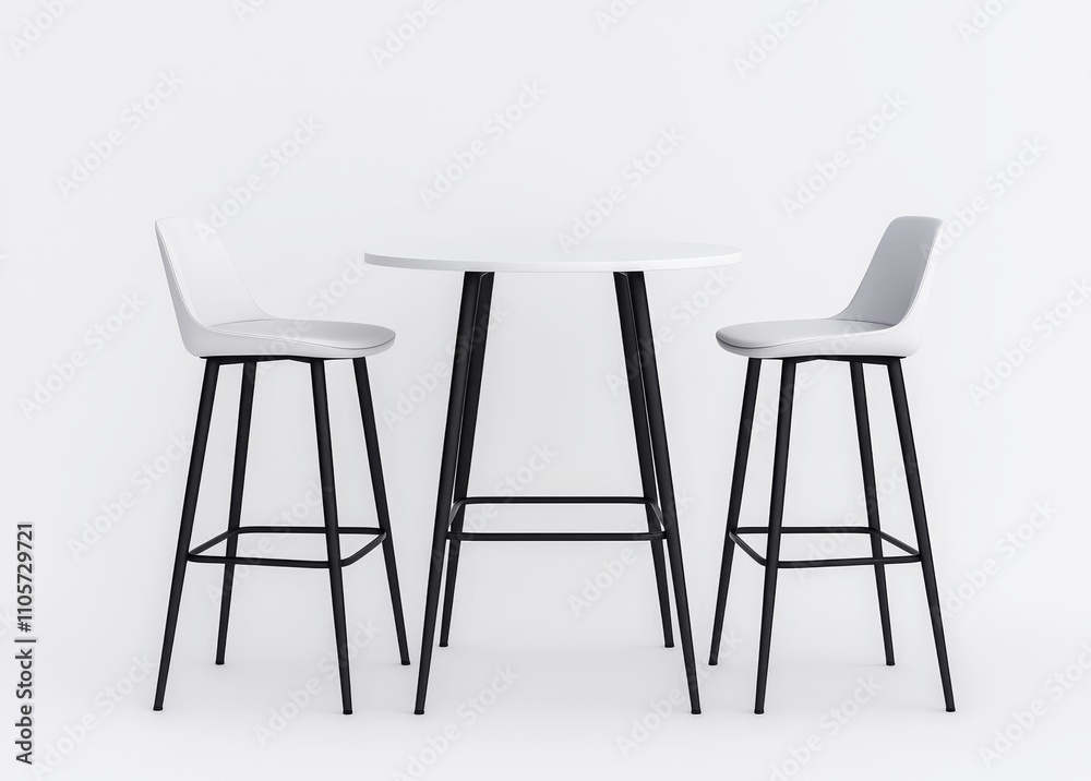A high table with three chairs, constructed from white plastic tops and black legs, suitable for a café or exhibition display. A modern and realistic depiction of empty furniture for product A high table with three chairs, constructed from white plastic tops and black legs, suitable for a café or exhibition display. A modern and realistic depiction of empty furniture for product