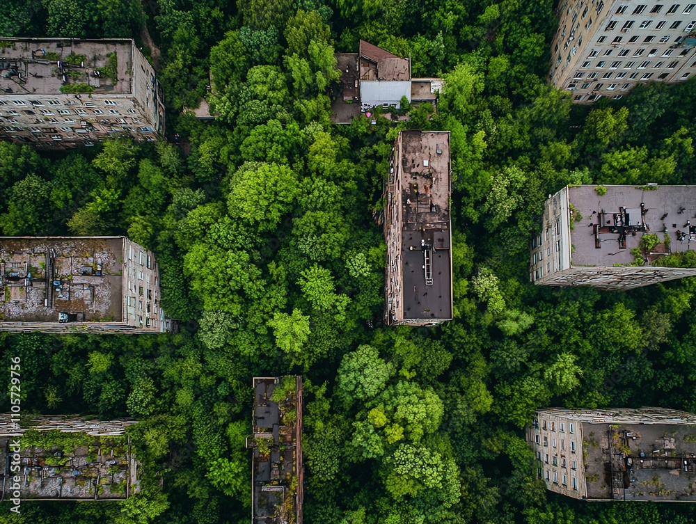 Obraz premium Aerial view of abandoned buildings reclaimed by nature. Lush green foliage envelops decaying structures, creating a striking contrast of urban decay and natural regeneration.
