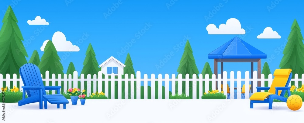 A modern cartoon illustration showcasing a backyard with a swing, wooden armchair, cocktail glass on a barbecue table, lawn mower, trees, flower pots, a dog house, a toy ball, and a fence, all A modern cartoon illustration showcasing a backyard with a swing, wooden armchair, cocktail glass on a barbecue table, lawn mower, trees, flower pots, a dog house, a toy ball, and a fence, all
